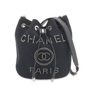 CHANEL Deauville Drawstring Shoulder Bag Canvas Leather Black AS1045 90256779